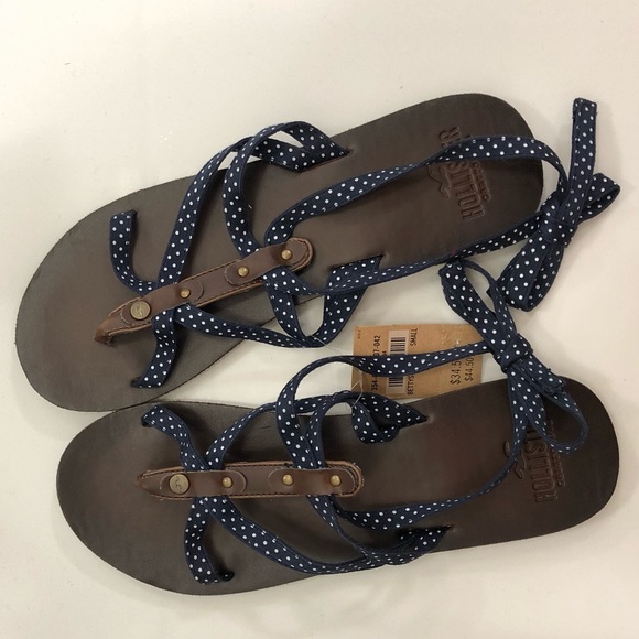 NWT navy blue tie brown leather flip flops sandals - Picture 3 of 5